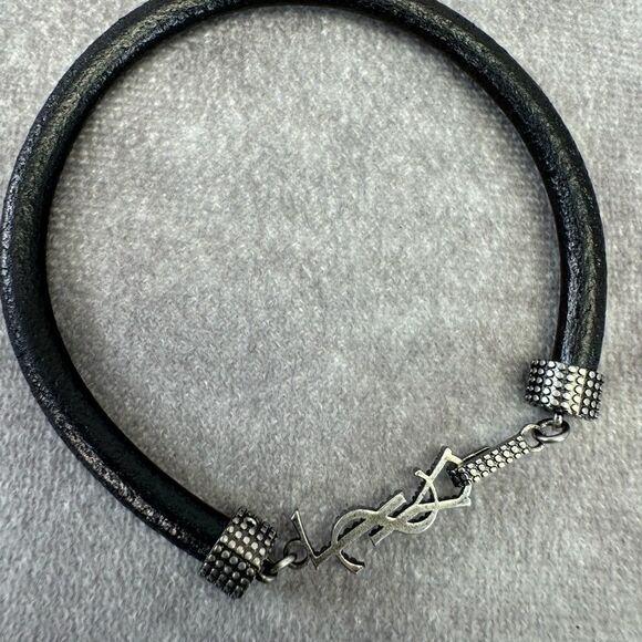 Yves Saint Laurent Black Leather Textured Bracelet - Picture 5 of 8